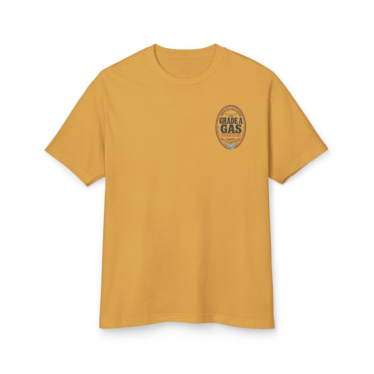 Faded Mustard garment-dyed t-shirt with a small oval "Grade A Gas" seal on the left chest, front view