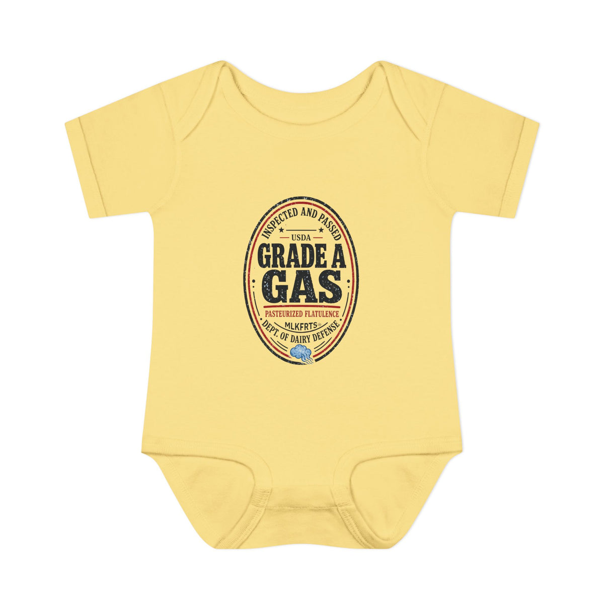 Banana baby bodysuit with an oval "Grade A Gas" inspection-seal print, front view
