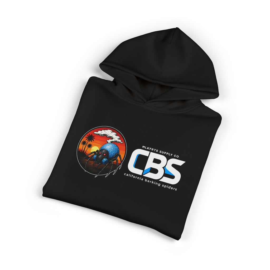 California Barking Spiders Hoodie in black, folded, front: CBS lockup with the gas-masked spider