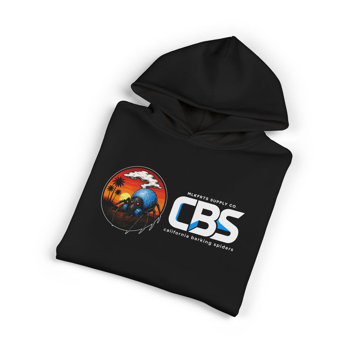 California Barking Spiders Hoodie in black, folded, front: CBS lockup with the gas-masked spider