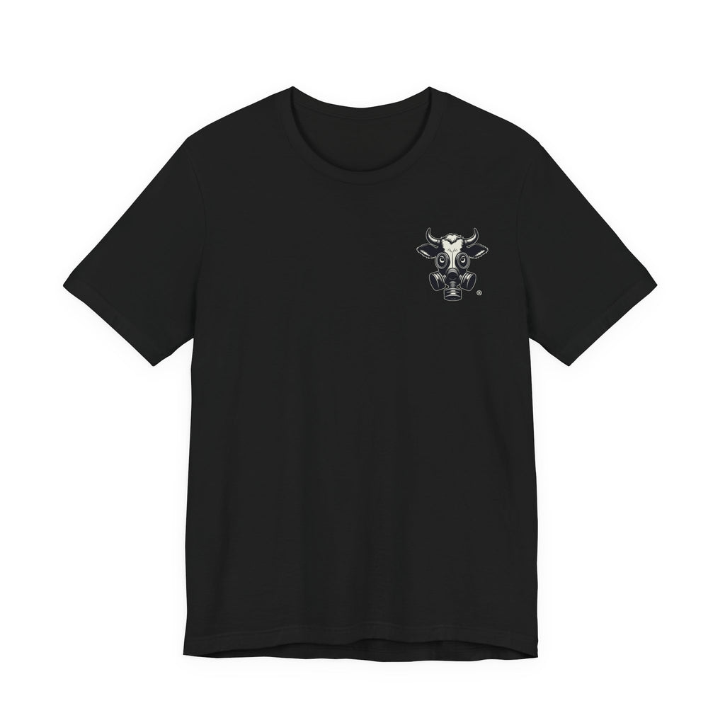 Black t-shirt with a small gas-mask cow head on the left chest, front view