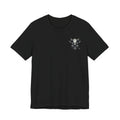 Black t-shirt with a small gas-mask cow head on the left chest, front view