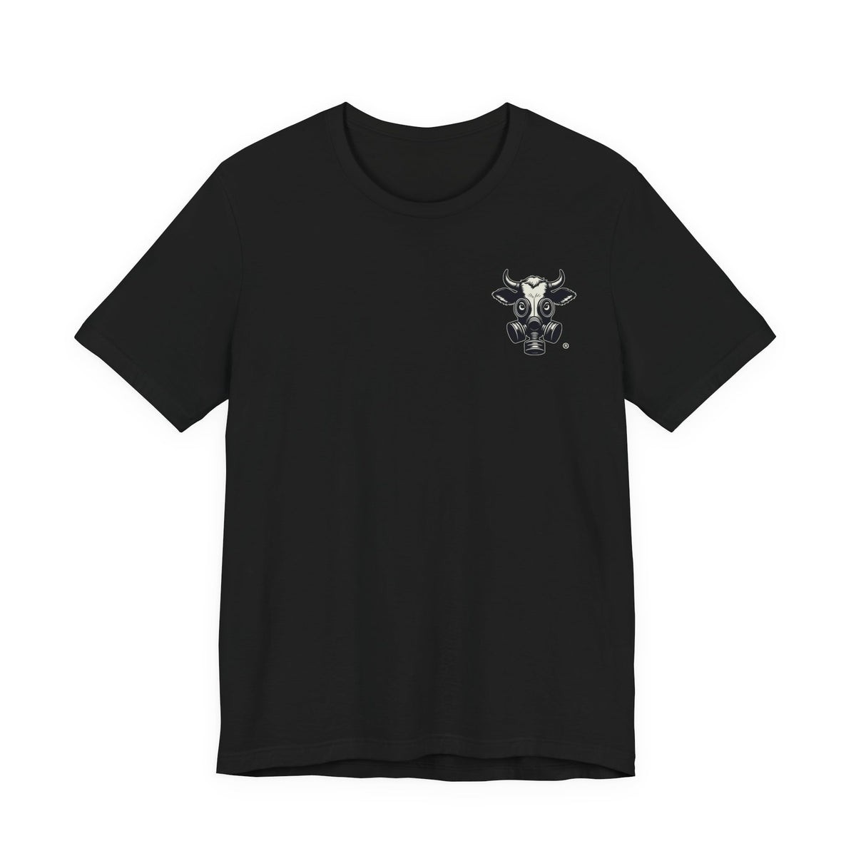 Black t-shirt with a small gas-mask cow head on the left chest, front view