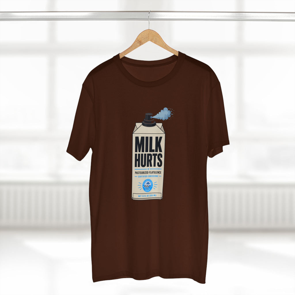 MLKFRTS Milk Hurts Mace Tee in dark chocolate on a hanger, front view showing the Milk Hurts milk carton graphic