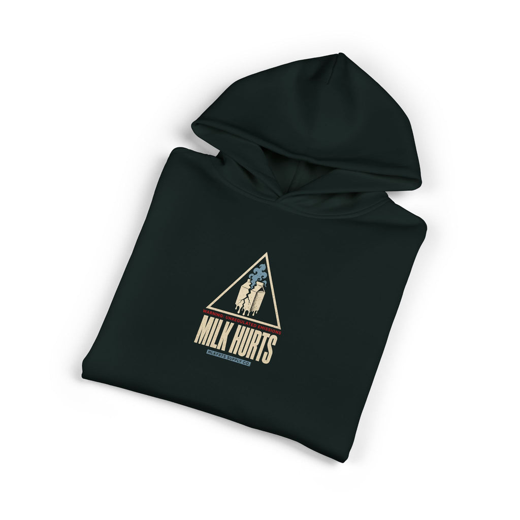 Unregulated Emissions Hoodie in pine green, folded, front: MILK HURTS warning triangle