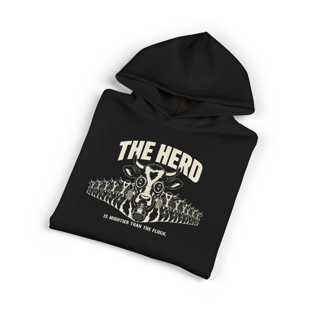 Stampede Hoodie in black, folded, front: masked Holstein stampede under THE HERD