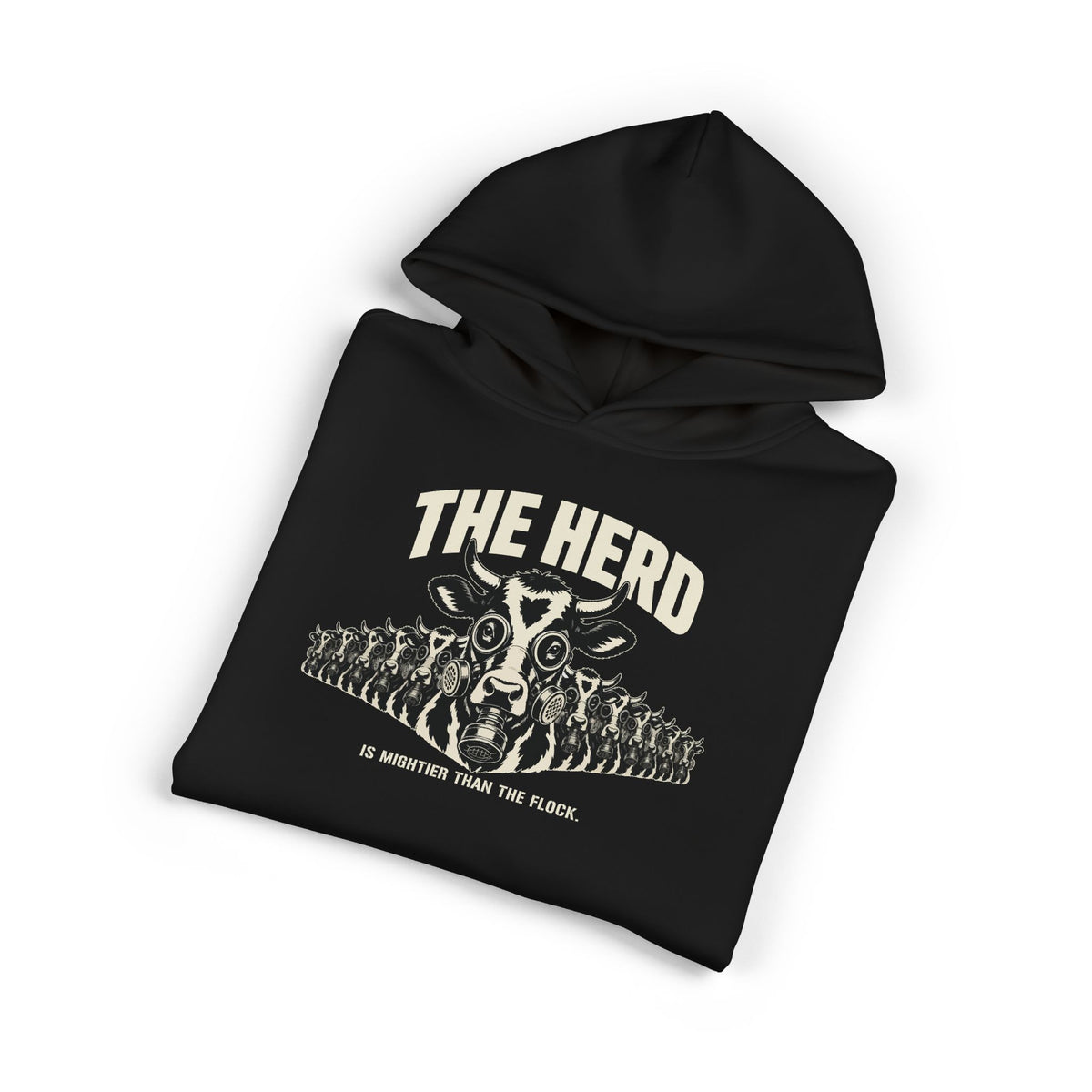 Stampede Hoodie in black, folded, front: masked Holstein stampede under THE HERD