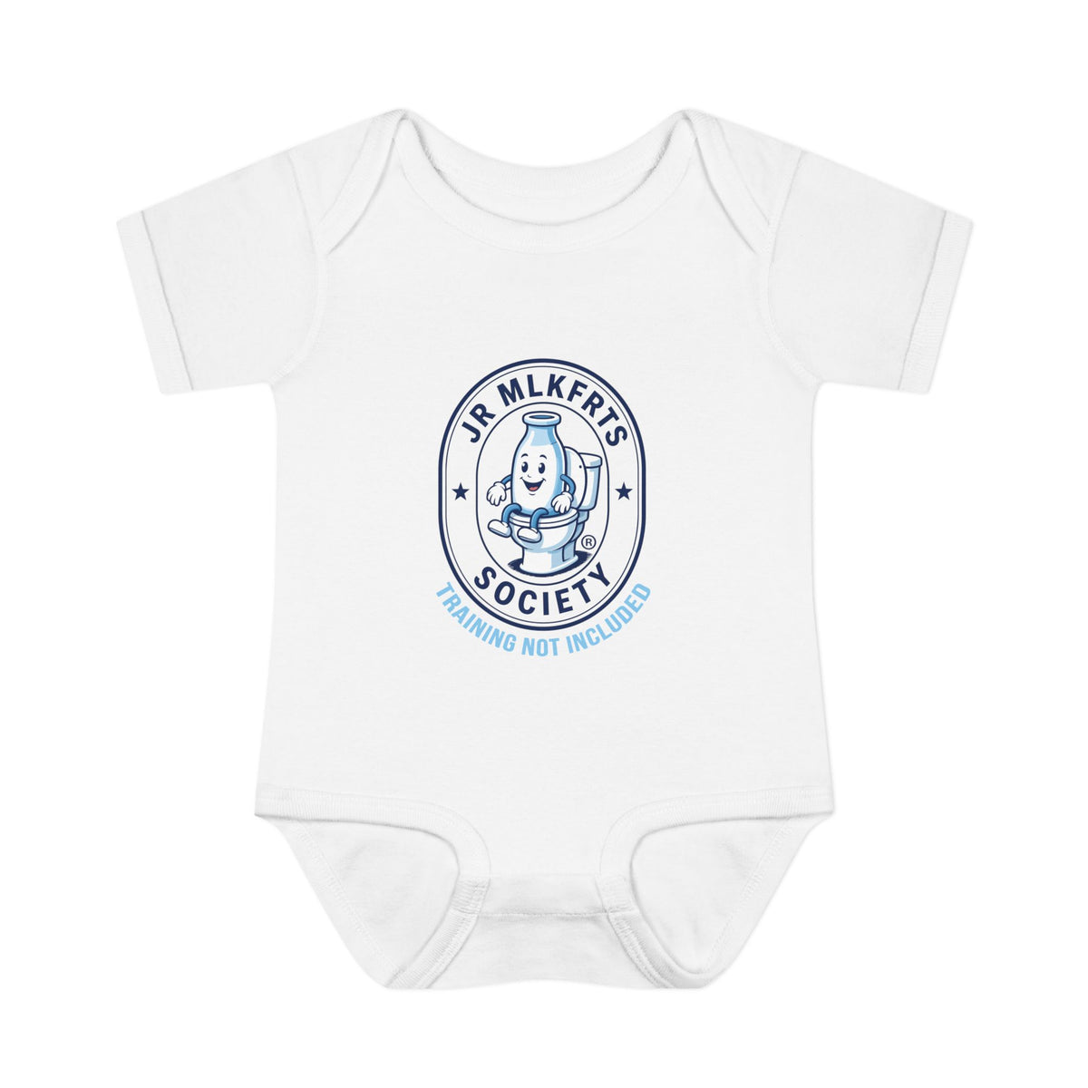 White baby bodysuit with a round Jr. MLKFRTS Society badge print with a cartoon milk bottle, front view