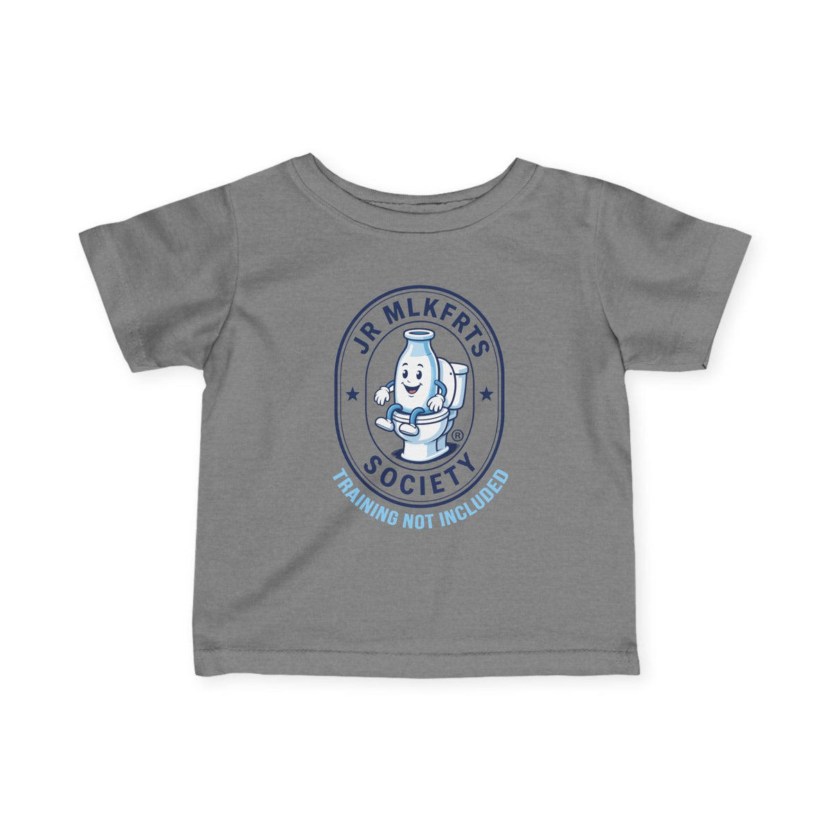 Granite Heather infant tee with a round Jr. MLKFRTS Society badge print with a cartoon milk bottle, front view