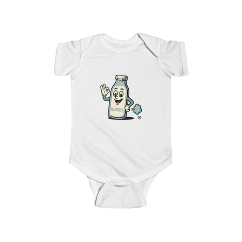 White baby bodysuit with the MLKFRTS milk bottle mascot giving an OK sign with a small puff of air behind it, front view
