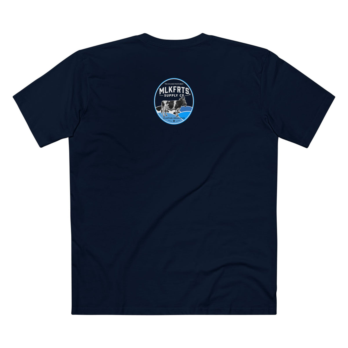 The Refusal Tee in Navy, back: small Flatus Eruptus badge on the upper back, a gas-mask Holstein on blue hills with a star