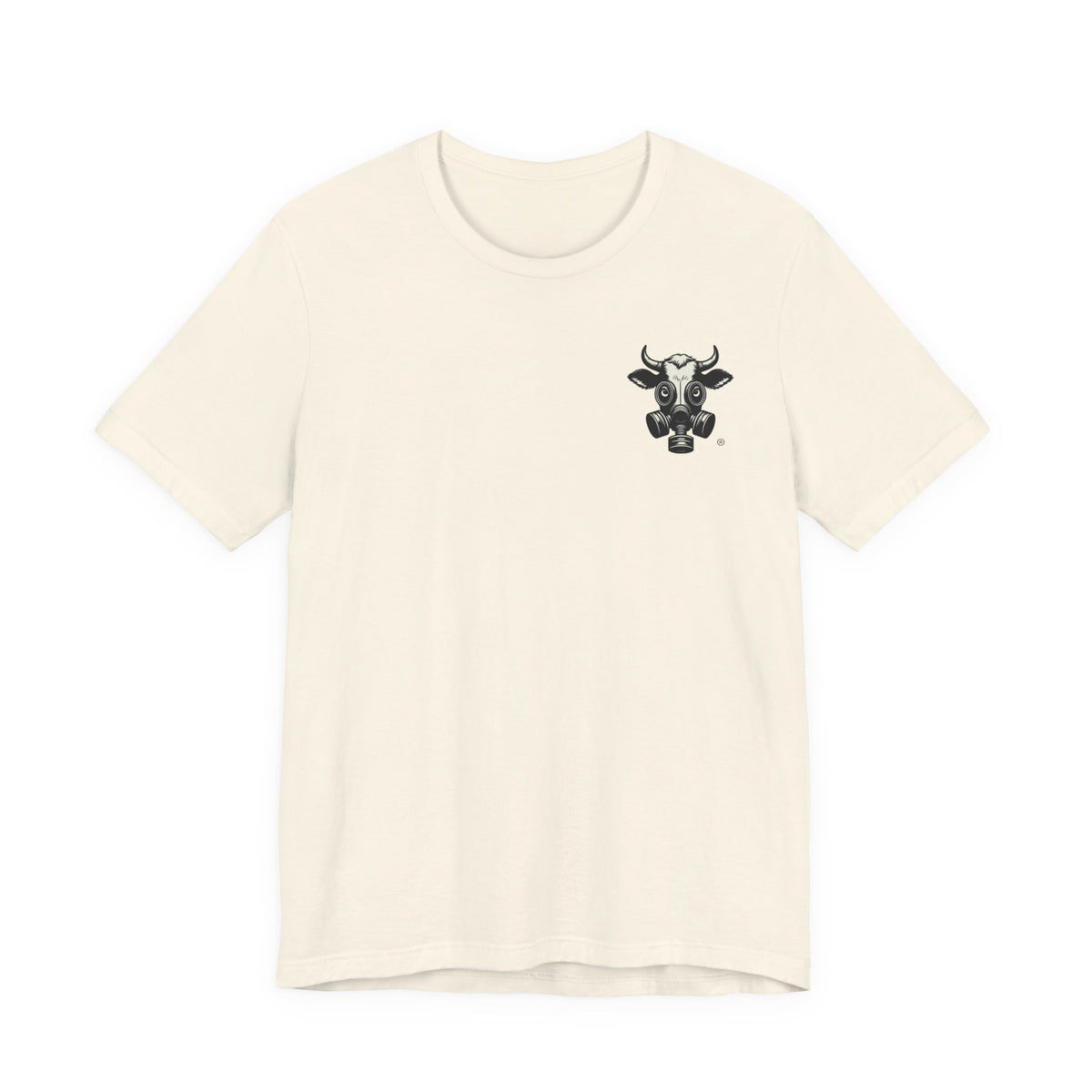 Natural t-shirt with a small gas-mask cow head on the left chest, front view