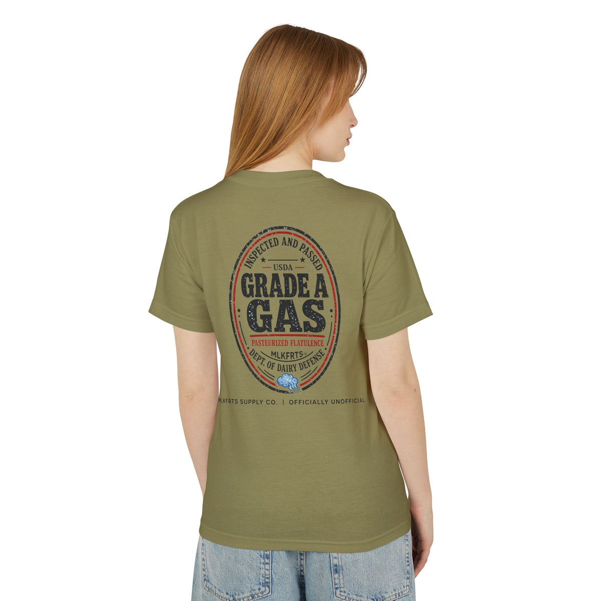 Model wearing the Faded Army garment-dyed t-shirt, back view with a large oval "Grade A Gas" seal