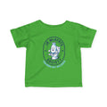 Apple infant tee with a round Jr. MLKFRTS Society badge print with a cartoon milk bottle, front view