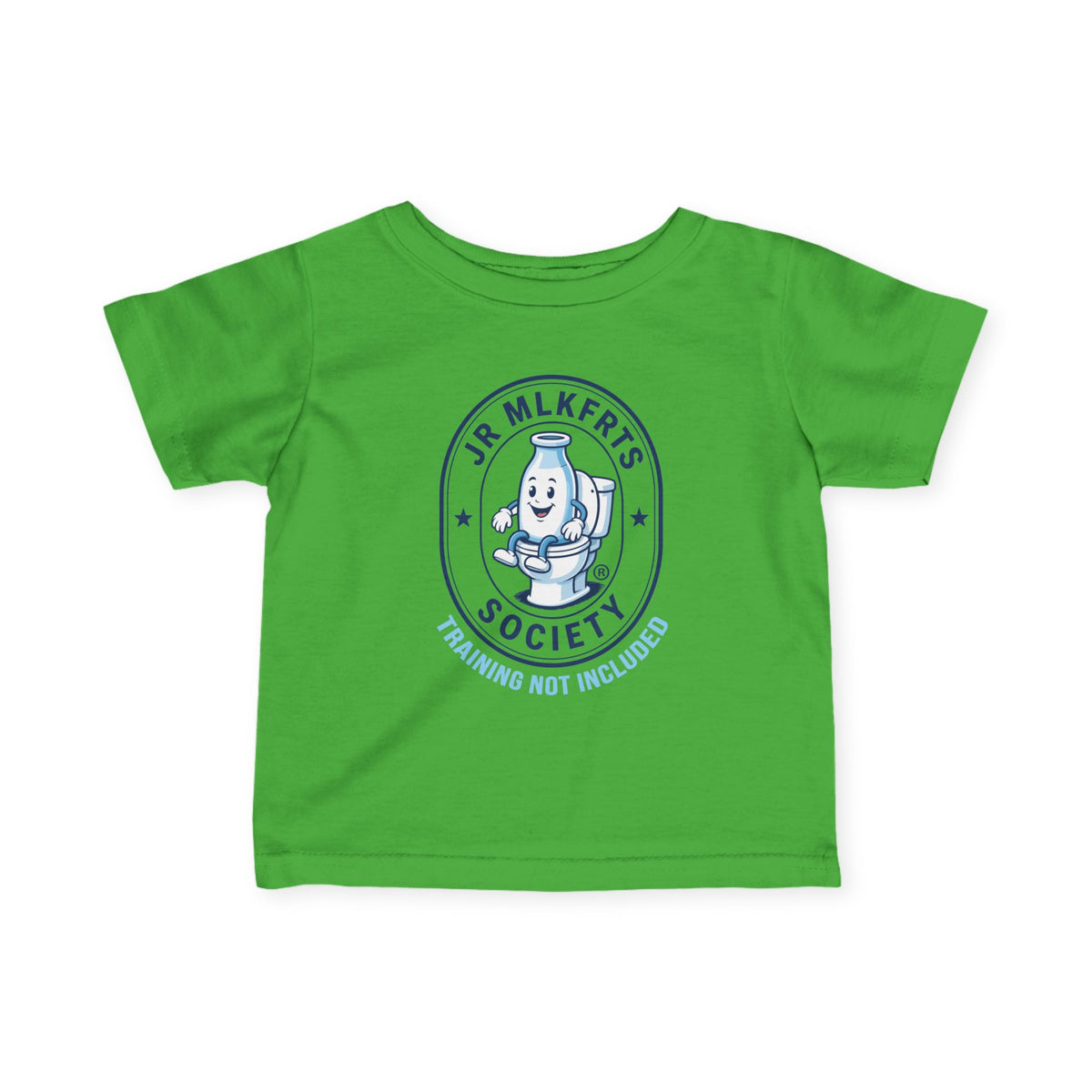 Apple infant tee with a round Jr. MLKFRTS Society badge print with a cartoon milk bottle, front view