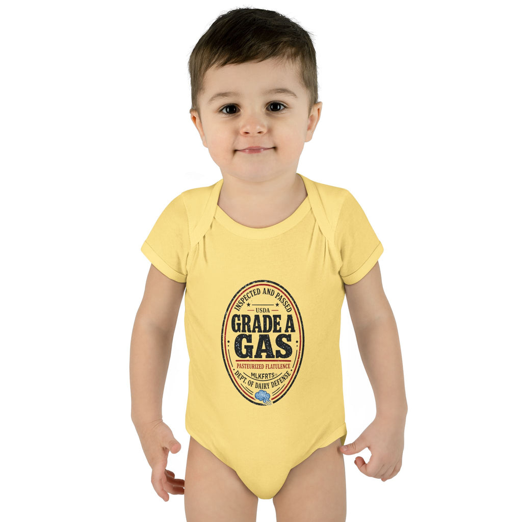 Baby wearing the Banana baby bodysuit with an oval "Grade A Gas" inspection-seal print