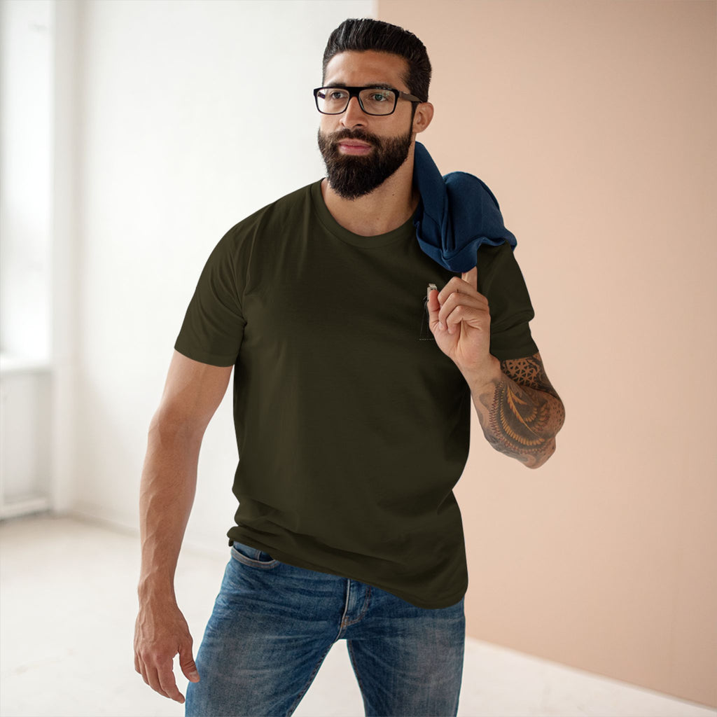 Man wearing the Stay Upwind Tee in army, front: small left-chest elephant