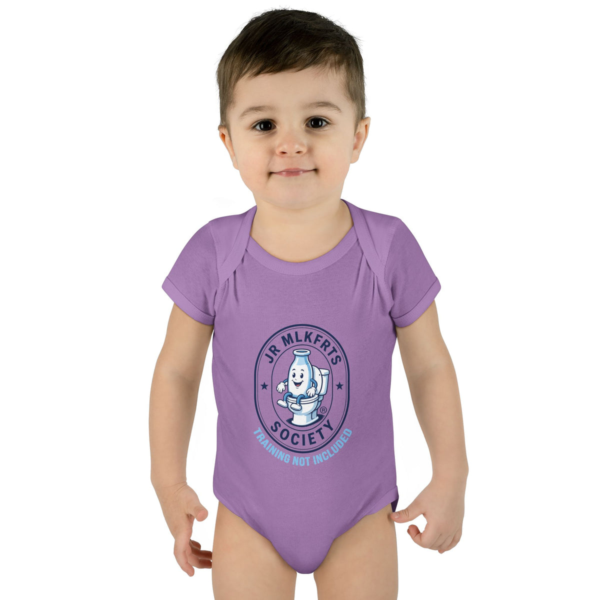 Baby wearing the Lavender baby bodysuit with a round Jr. MLKFRTS Society badge print with a cartoon milk bottle