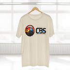 MLKFRTS California Barking Spiders Tee in natural on a hanger, front: CBS lockup with the gas-masked spider