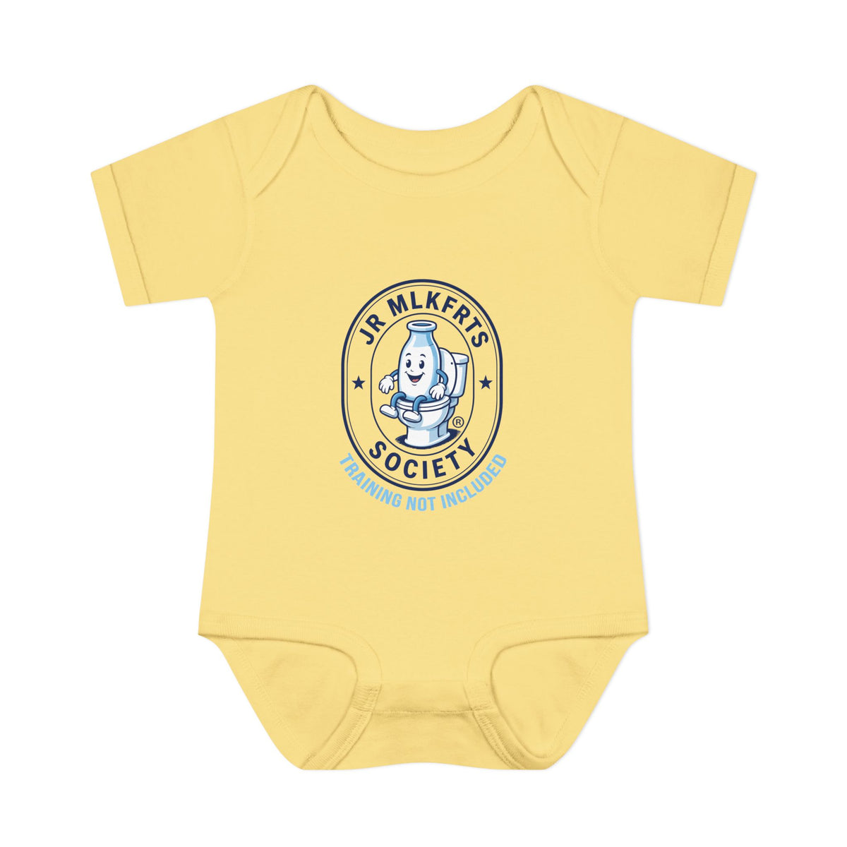 Banana baby bodysuit with a round Jr. MLKFRTS Society badge print with a cartoon milk bottle, front view