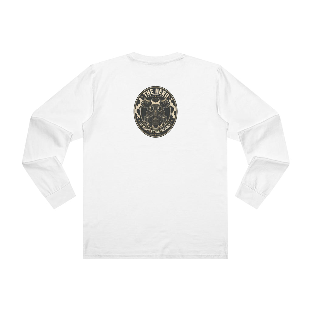Watch Back Long Sleeve Tee in white, back: The Herd Is Mightier Than the Flock gas-mask cow badge