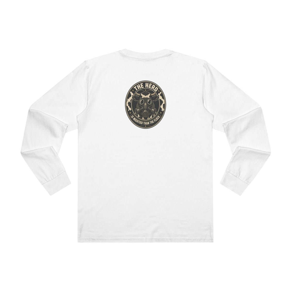 Watch Back Long Sleeve Tee in white, back: The Herd Is Mightier Than the Flock gas-mask cow badge