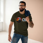 Man wearing the MLKFRTS California Barking Spiders Tee in army, front: CBS lockup with the gas-masked spider