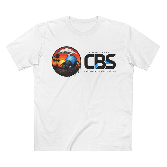 MLKFRTS California Barking Spiders Tee in white, front: CBS lockup with a gas-masked blue spider in a sunset-and-palms circle, MLKFRTS SUPPLY CO. and california barking spiders