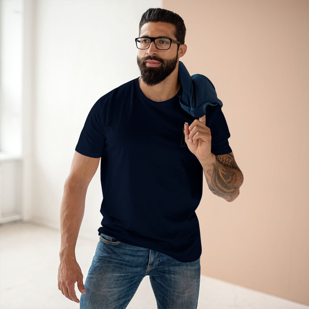 Man wearing the Stay Upwind Tee in navy, front: small left-chest elephant