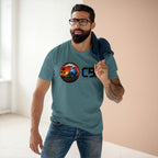 Man wearing the MLKFRTS California Barking Spiders Tee in slate blue, front: CBS lockup with the gas-masked spider