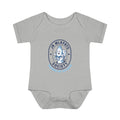 Heather baby bodysuit with a round Jr. MLKFRTS Society badge print with a cartoon milk bottle, front view