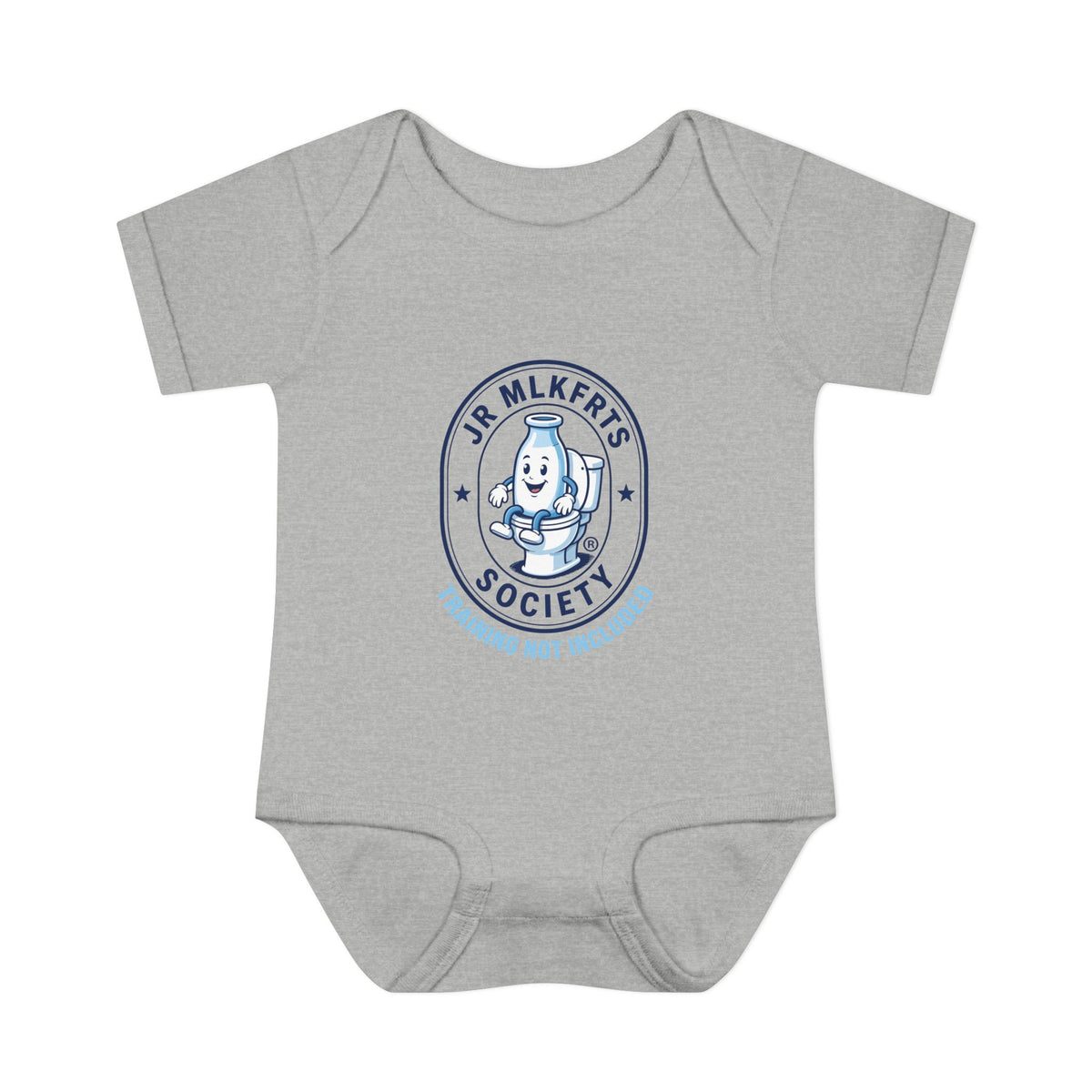 Heather baby bodysuit with a round Jr. MLKFRTS Society badge print with a cartoon milk bottle, front view