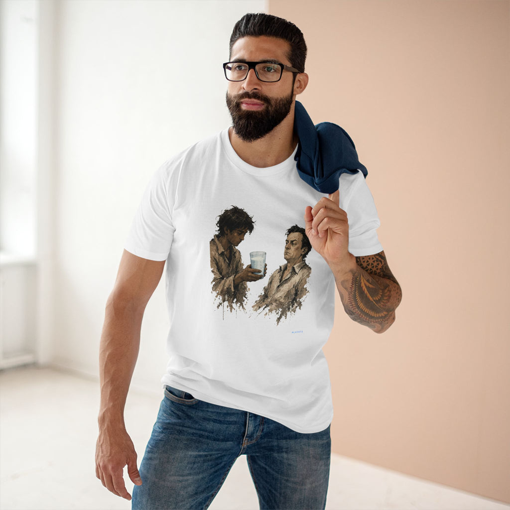 Model wearing the The Refusal Tee in White, painterly milk-offering art across the front