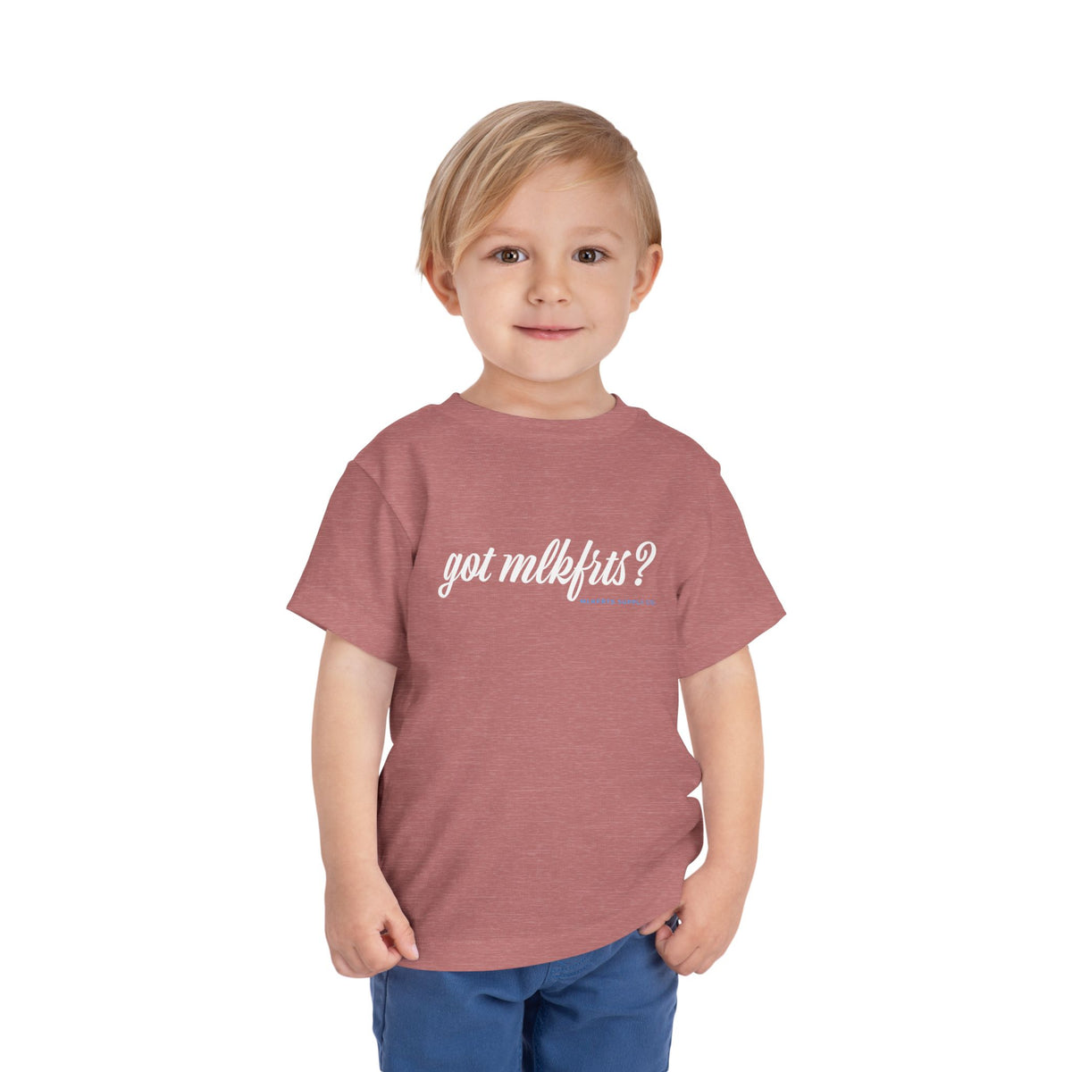 Toddler wearing the got mlkfrts? Toddler Tee in Heather Mauve, got mlkfrts? script on the front