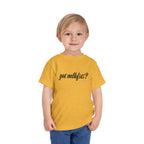 Toddler wearing the got mlkfrts? Toddler Tee in Heather Yellow Gold, got mlkfrts? script on the front