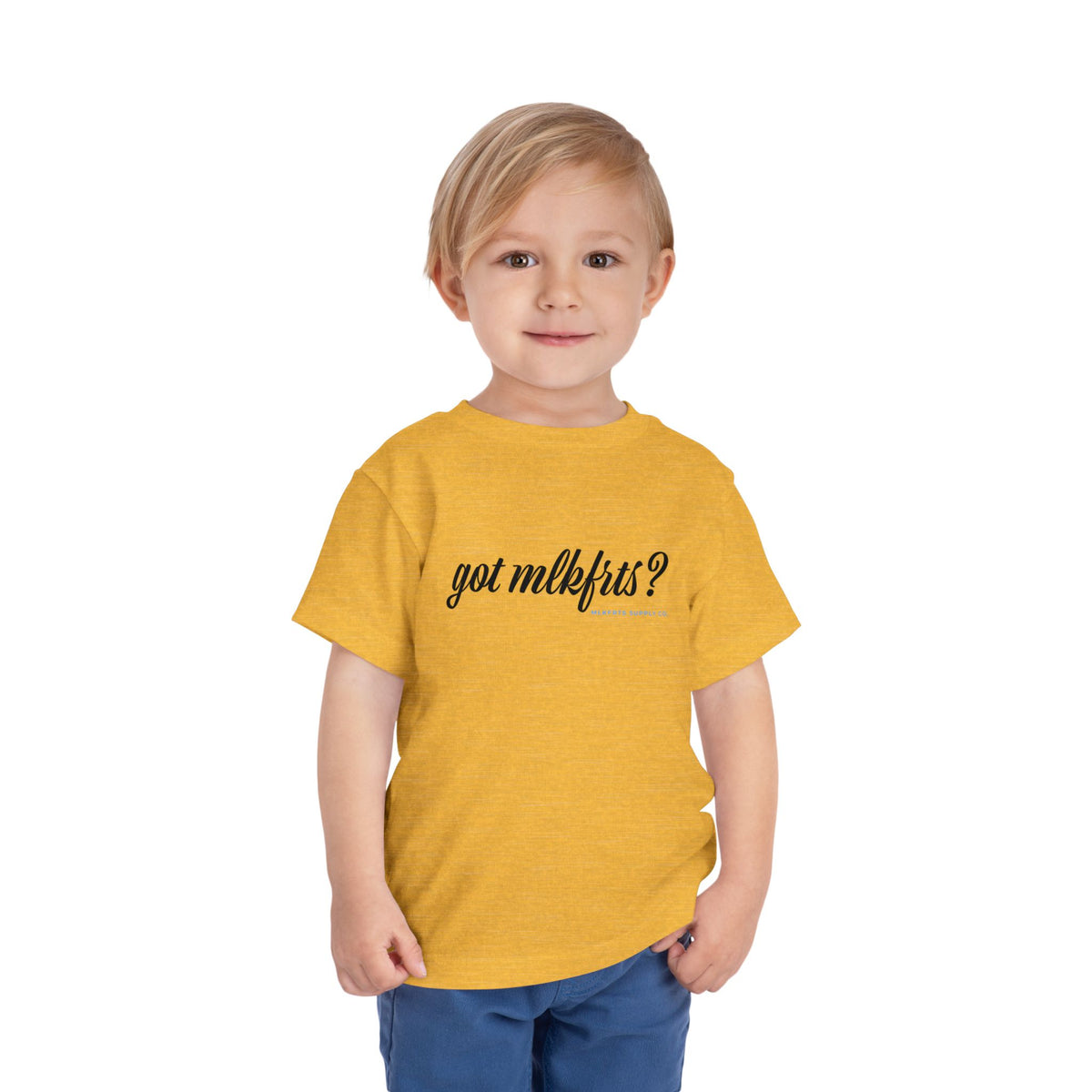 Toddler wearing the got mlkfrts? Toddler Tee in Heather Yellow Gold, got mlkfrts? script on the front