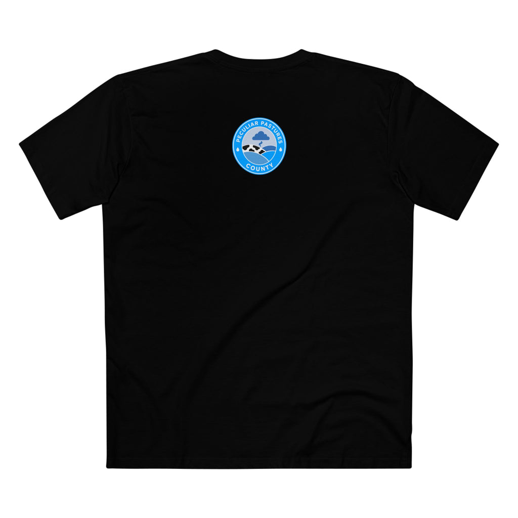 MLKFRTS Grade F Notice of Non-Compliance tee in Black, back view with the Peculiar Pastures County seal on the upper back