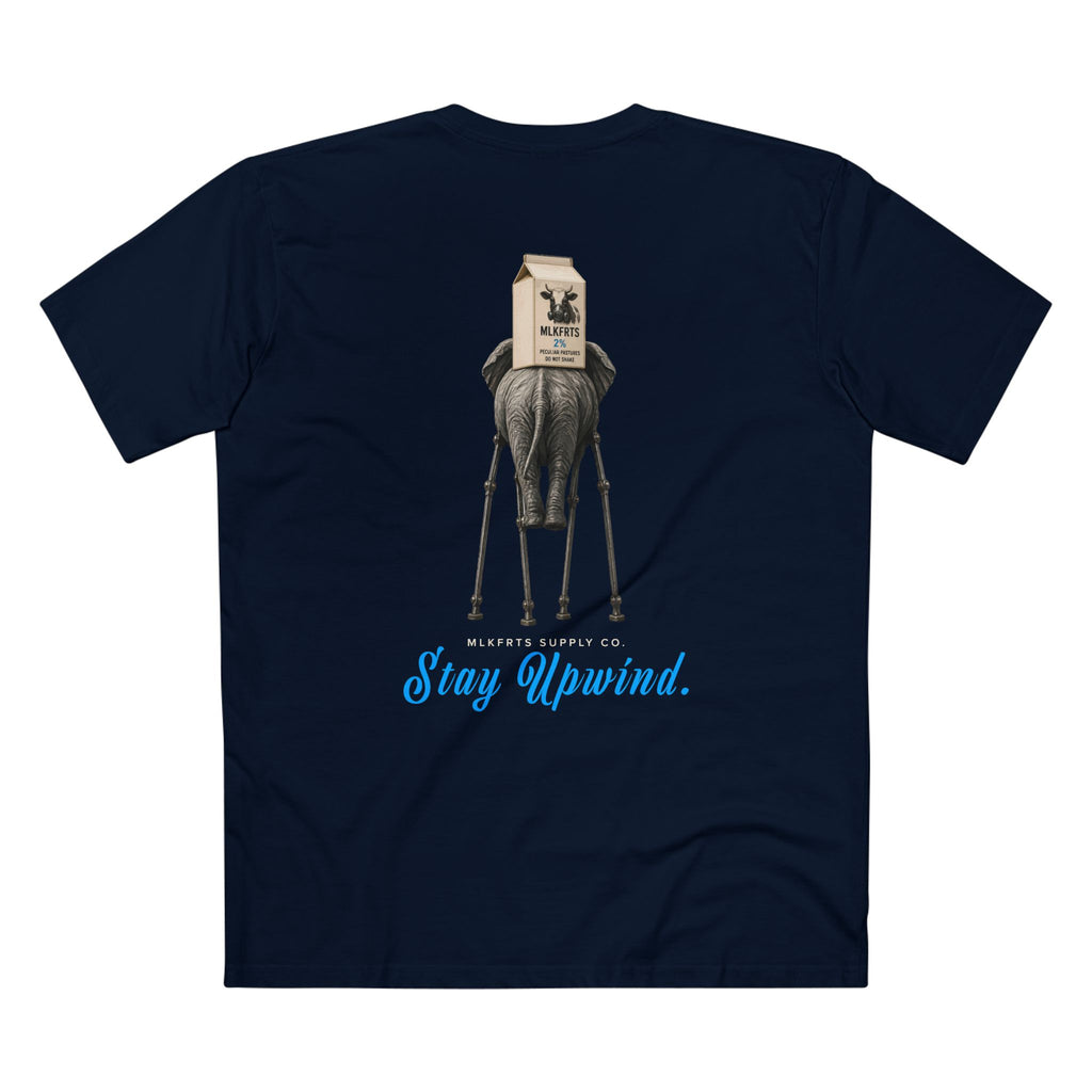 Stay Upwind Tee in navy, back: elephant on stilt legs carrying an MLKFRTS 2% milk carton, blue script Stay Upwind