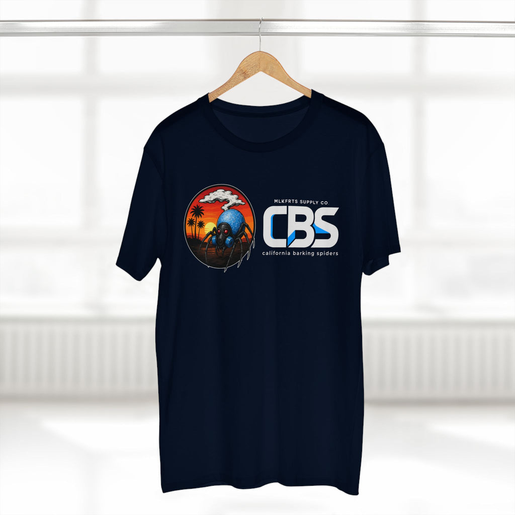 MLKFRTS California Barking Spiders Tee in navy on a hanger, front: CBS lockup with the gas-masked spider
