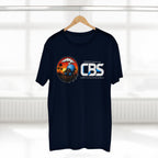 MLKFRTS California Barking Spiders Tee in navy on a hanger, front: CBS lockup with the gas-masked spider