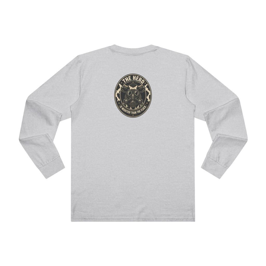 Watch Back Long Sleeve Tee in light grey, back: The Herd Is Mightier Than the Flock gas-mask cow badge