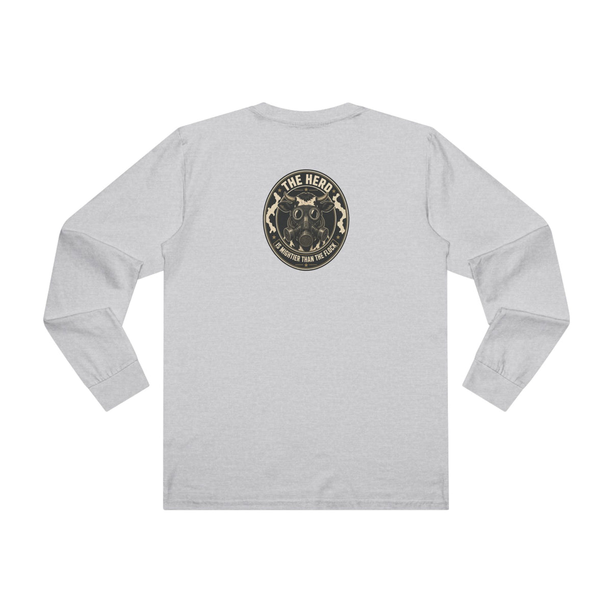 Watch Back Long Sleeve Tee in light grey, back: The Herd Is Mightier Than the Flock gas-mask cow badge