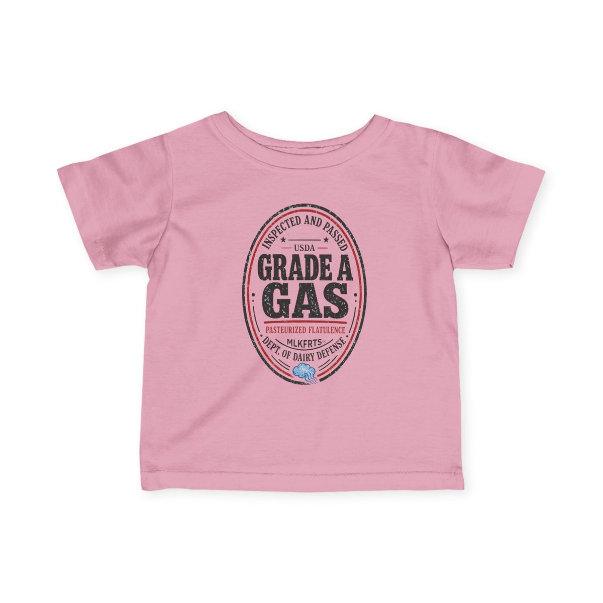 Pink infant tee with an oval "Grade A Gas" seal print, front view