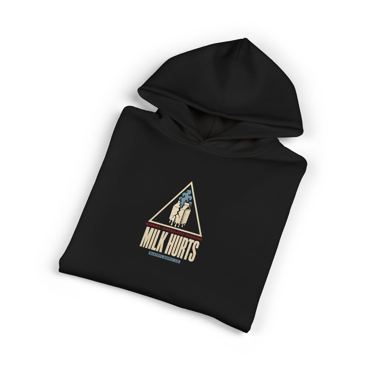 Unregulated Emissions Hoodie in black, folded, front: MILK HURTS warning triangle
