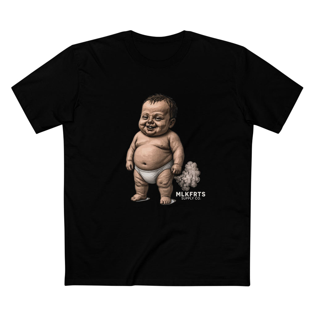 Smug diaper baby with a drifting gas cloud and milk puddles at his feet, full-front art on a black MLKFRTS Lil' Stinker Tee
