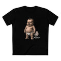 Smug diaper baby with a drifting gas cloud and milk puddles at his feet, full-front art on a black MLKFRTS Lil' Stinker Tee