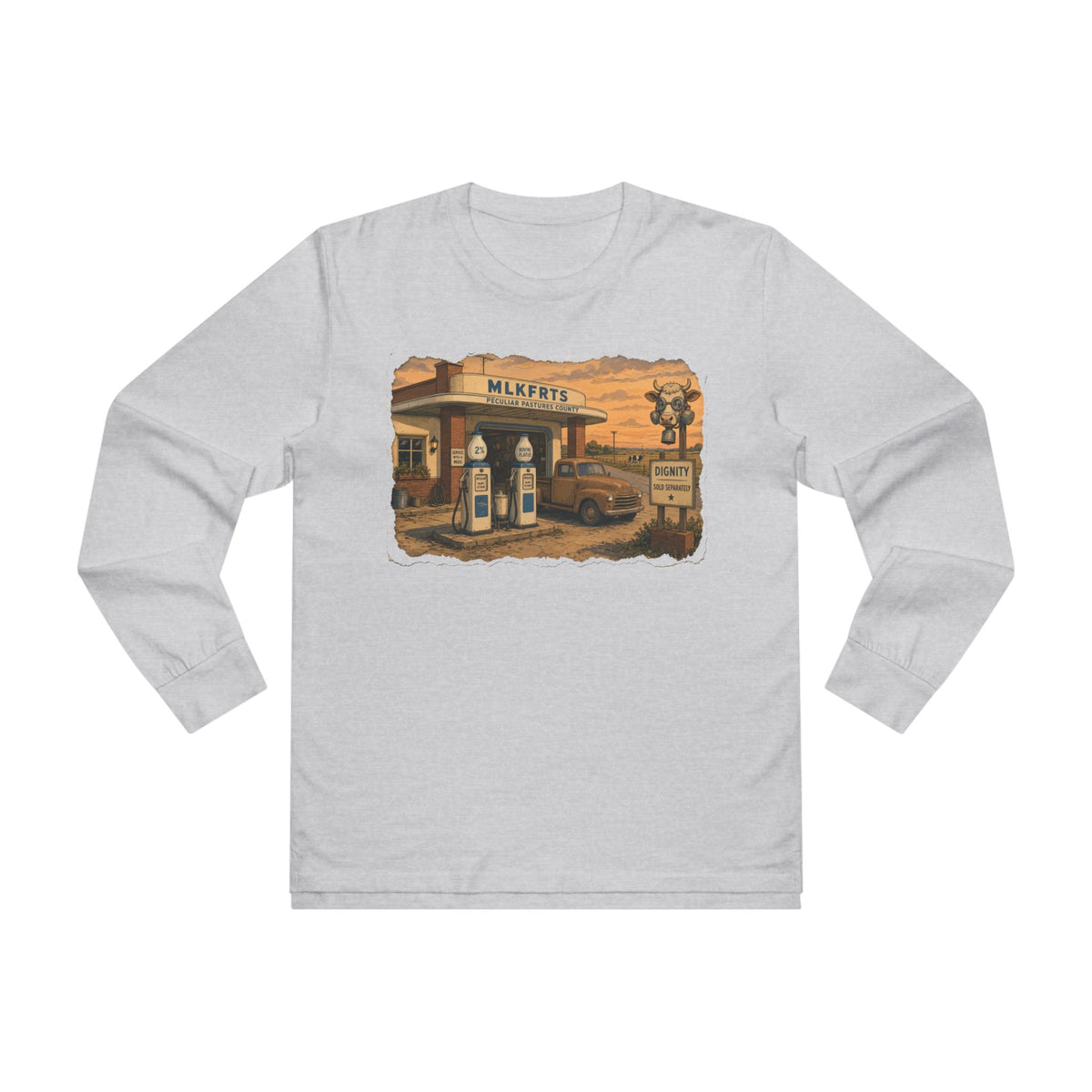 Peculiar Gas Station Long Sleeve Tee in Ash, front with the vintage milk-pump gas station scene