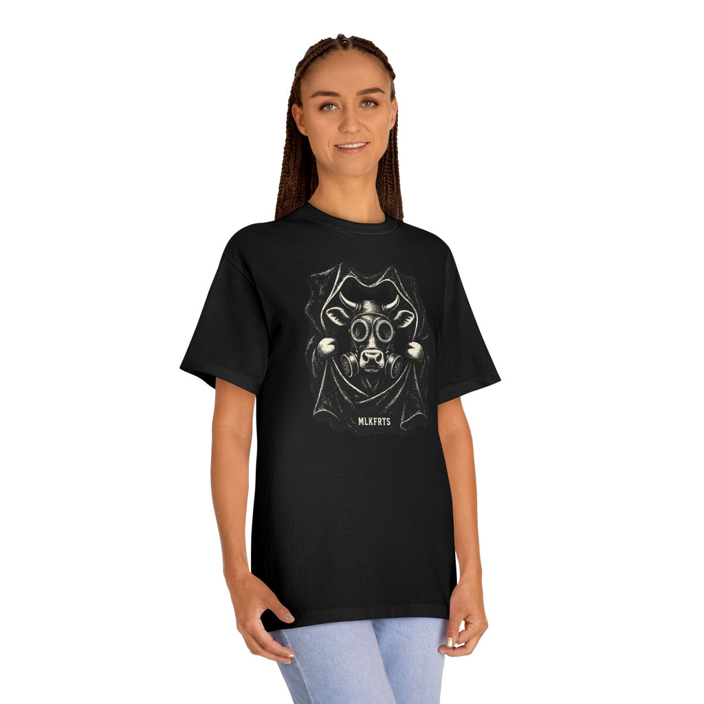 Model wearing the Black t-shirt with a woodcut-style Holstein cow wearing a gas mask, front view