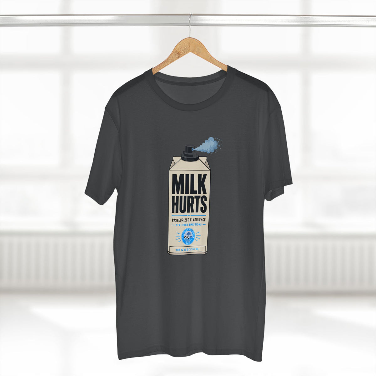 MLKFRTS Milk Hurts Mace Tee in charcoal on a hanger, front view showing the Milk Hurts milk carton graphic