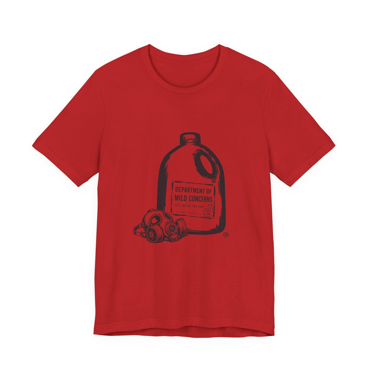 Red t-shirt with a large gallon milk jug graphic with a gas mask and "Department of Mild Concerns" label, front view
